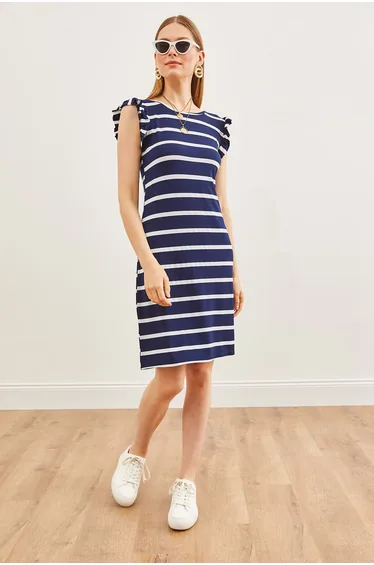 Women's Navy Blue White Frilly Shoulder Tie Back Knitted Viscose Dress