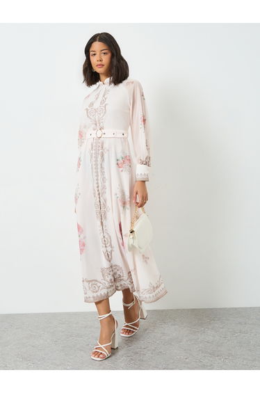 Light Pink Floral Belted Midi Dress