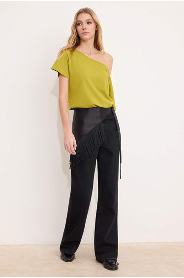 Oil Green 100% Cotton Oversized /Wide Fit Boat Neck Knitted T-Shirt