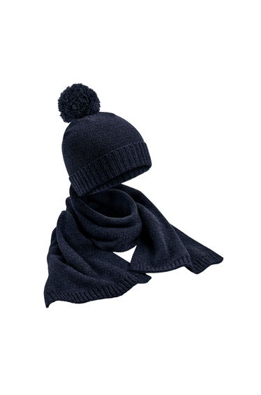 Beechfield Adult Flecked Knitted Hat And Scarf Set - Navy