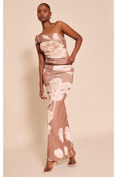 Stone Floral Print Onion Skin Ruched Side Asymmetric Top