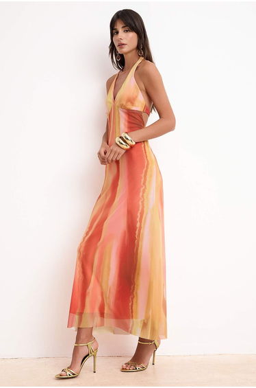 Pink-Multicolor Floral Knitted Tulle Maxi Evening Dress & Graduation Dress