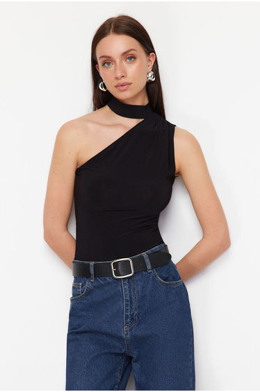 Black Choker Neck Fitted/Slippery Knitted Blouse