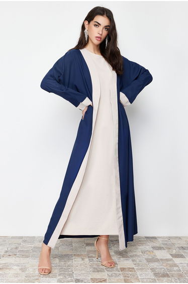 Navy Blue Color Block Long Woven Cap & Abaya