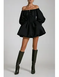 Daoud Off Shoulder Ruch Mini Dress In Black - 1