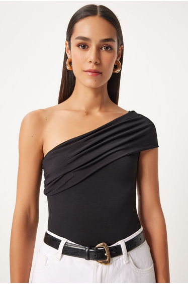 Women's Black One-Shoulder Gathered Knitted Blouse