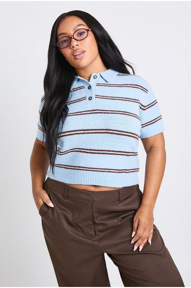 Plus Collar Detail Stripe Knit Top