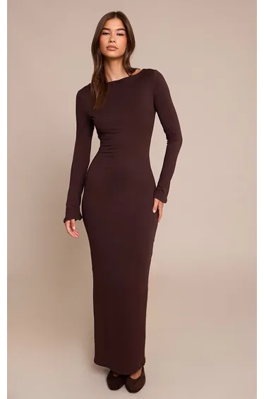 Chocolate Soft Touch Jersey Long Sleeve Maxi Dress