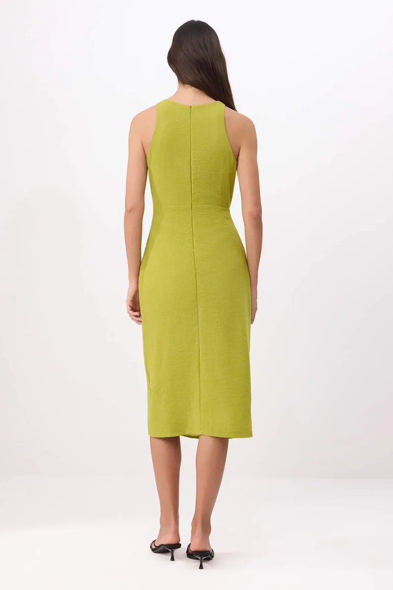 Oil Green Straight Tie Detail Midi Woven Dress - 3