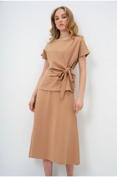 Women's Camel Crew Neck Draped Detail Blouse and Flared Skirt Set