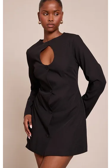 Black Woven Long Sleeve Mini Dress