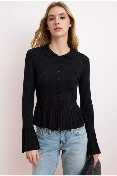Black Sleeves Detailed Fitted/Bodycon Knitwear Cardigan
