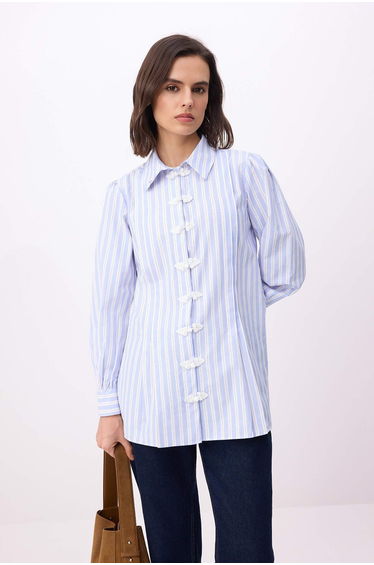 Multi-Colored Regular Terrycotton Striped Woven Embroidery Button Detailed Hijab Shirt