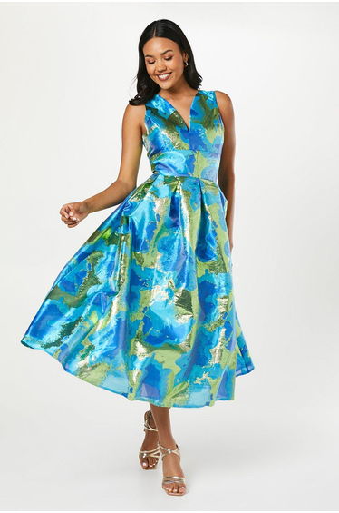 Plunge Neck Jacquard Midi Dress