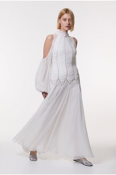 High Neck Embellished Ruched Georgette Woven Maxi Dress