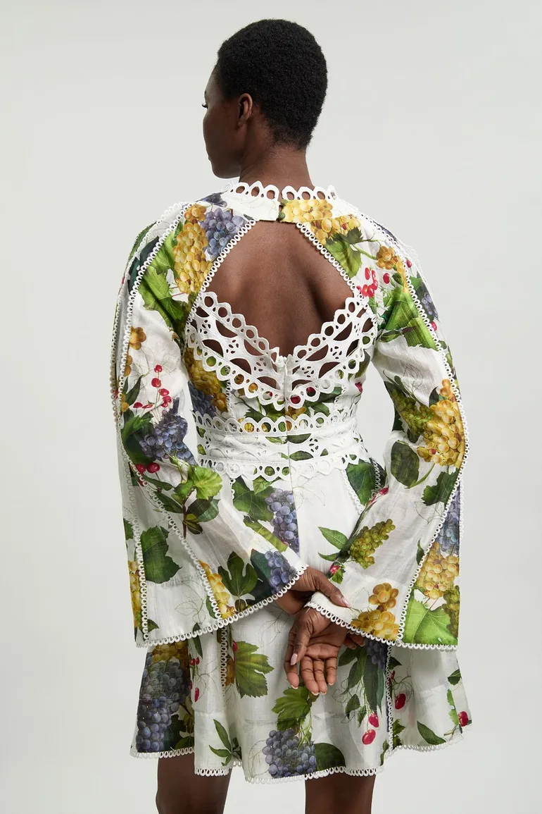Fruit Print Tape Detail Long Sleeve Woven Mini Dress - 1