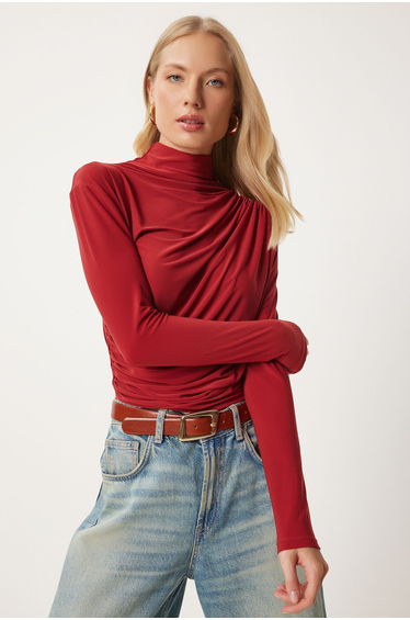 Women's Sandy Blouse with Tile Ruffle Detail Stand-Up Collar \