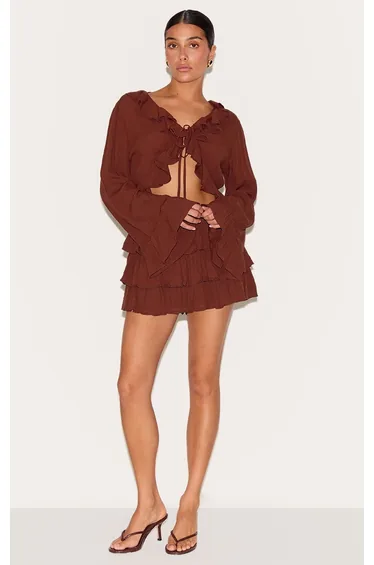 Petite Chocolate Cheesecloth Ruffle Tie Front Long Sleeve Top