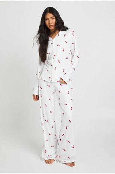 Tall Heart Print Long Sleeve Shirt & Trouser Pyjama Set - white