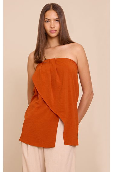 Rust Floaty Woven Split Hem Bandeau Long Top