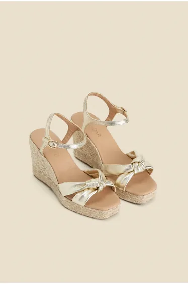 Gold Leather Knot Detail Wedge Espadrilles