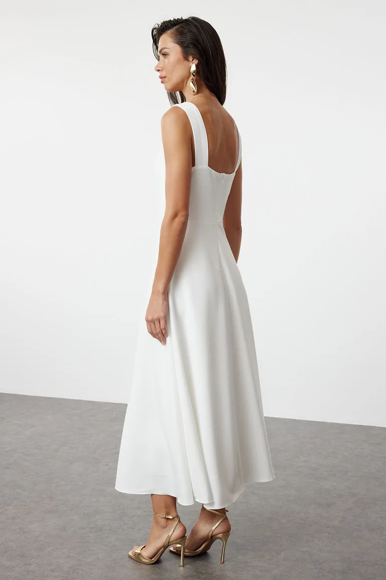 White A-Cut Woven Elegant Evening Dress - 6