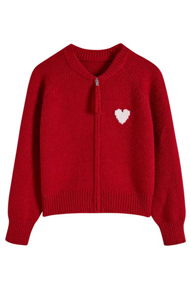 Heart Embellished Zip-Up Crew Neck Knit Cardigan in Red