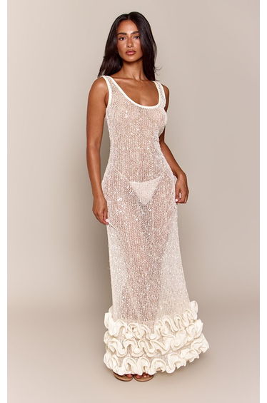 Petite Cream Sequin Sheer Knit Ruffle Hem Scoop Neck Maxi Dress