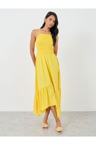 Solid Smocking Detail Ruffle Hem A-Line Dress