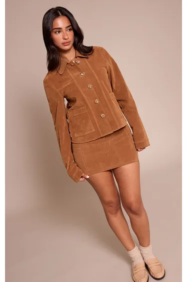 Petite Tan Suede Button Up Boxy Jacket