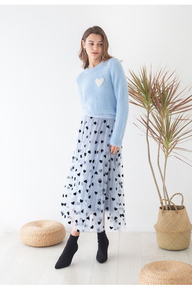 3D Heart Double-Layered Mesh Skirt in Blue
