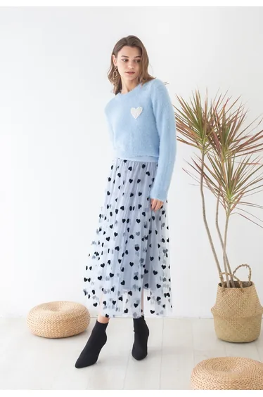 3D Heart Double-Layered Mesh Skirt in Blue