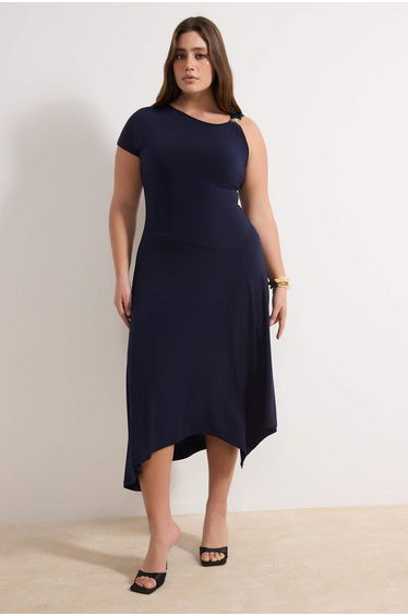 Navy Blue Asymmetric Collar Accessory Detail Knitted Plus Size Dress