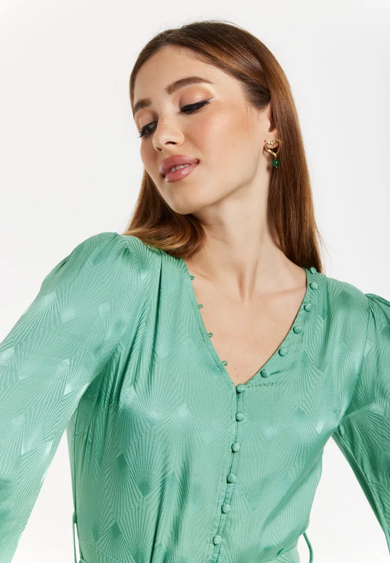 Women's Midi Jacquard Dress in Mint with V-Neckline, Puffy Sleeves, & Front Slit - 4