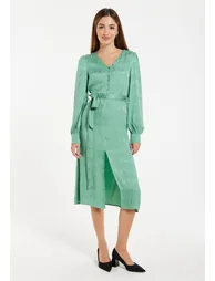 Women's Midi Jacquard Dress in Mint with V-Neckline, Puffy Sleeves, & Front Slit