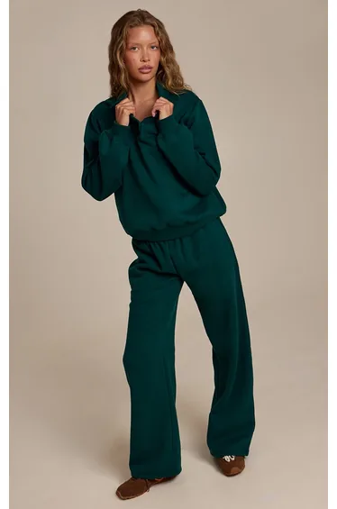 Pine Green Cotton Fleece Polo Sweatshirt