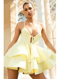 Flavia | Lemon Linen Plunge-Neck Ruffled Skater Micro-Mini Dress - 3