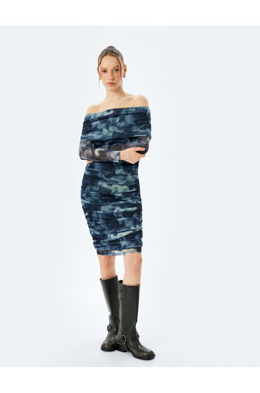 Madonna Collar Off-The-Shoulder Draped Long Sleeve Tulle Dress