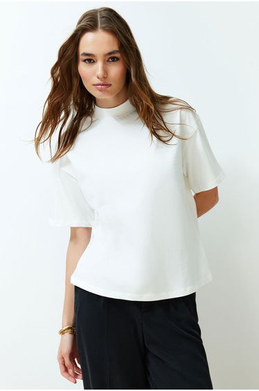 White 100% Cotton High Neck Three Quarter Sleeve Knitted T-Shirt