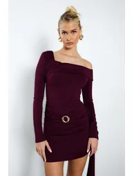 Trim Detail Asymmetric Long Sleeve Mini Dress - burgundy - 1