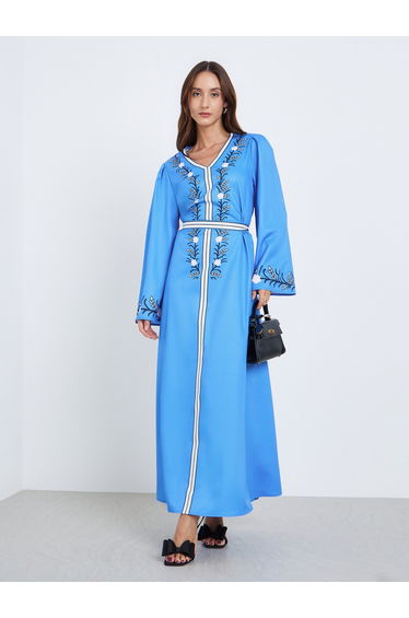 Women Blue Floral Print Belted Maxi Dress