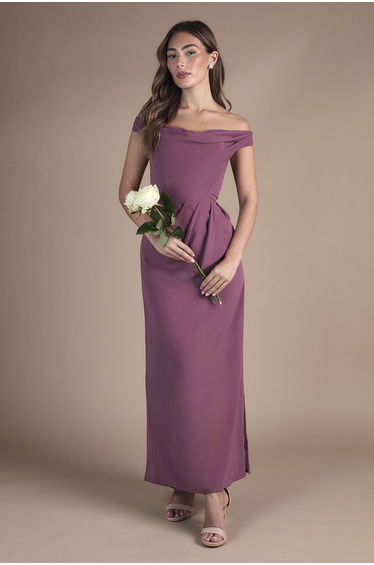 Crepe Bardot Ruched Maxi Bridemsaids Dress