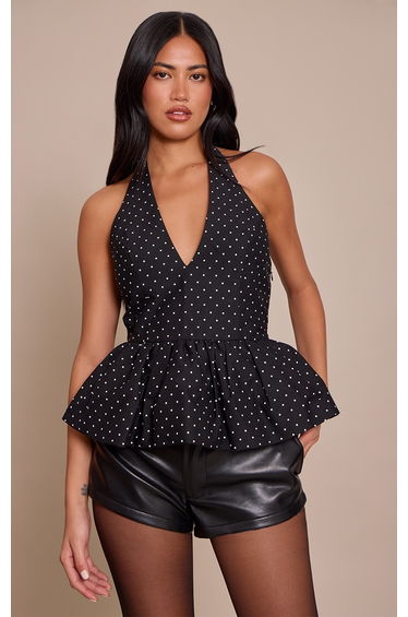 Black Polka Dot Woven Halterneck Peplum Top