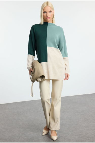 Green Color Block Jacquard Knitwear Sweater