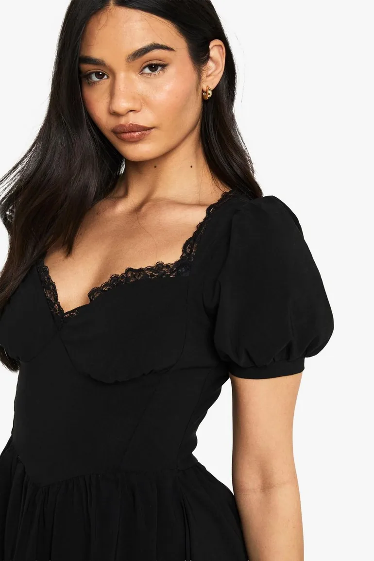 Bengaline Lace Trim Puff Sleeve Milkmaid Dress - black - 3