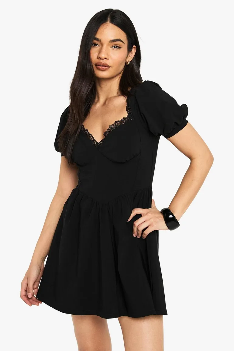 Bengaline Lace Trim Puff Sleeve Milkmaid Dress - black - 2