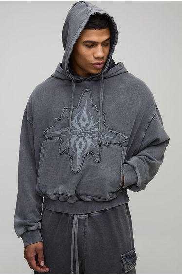 Shrunken Boxy Loopback Washed OFCLMAN Applique Hoodie - charcoal