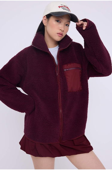 Winter Essentials Plum Fleece Zippered Stand-up Collar Pocket Detailed Knitted Sweatshirt