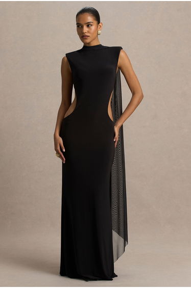 Katara | Black High-Neck Maxi Dress With Body Cut-Out Details