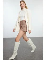 Beige High Waist Tweed Woven Shorts Skirt - 1